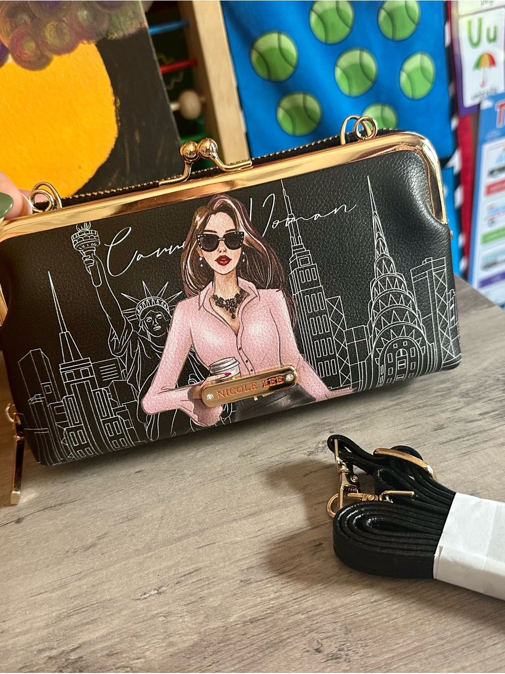Nicole Lee Black & Pink City Skyline Frame Crossbody Clutch